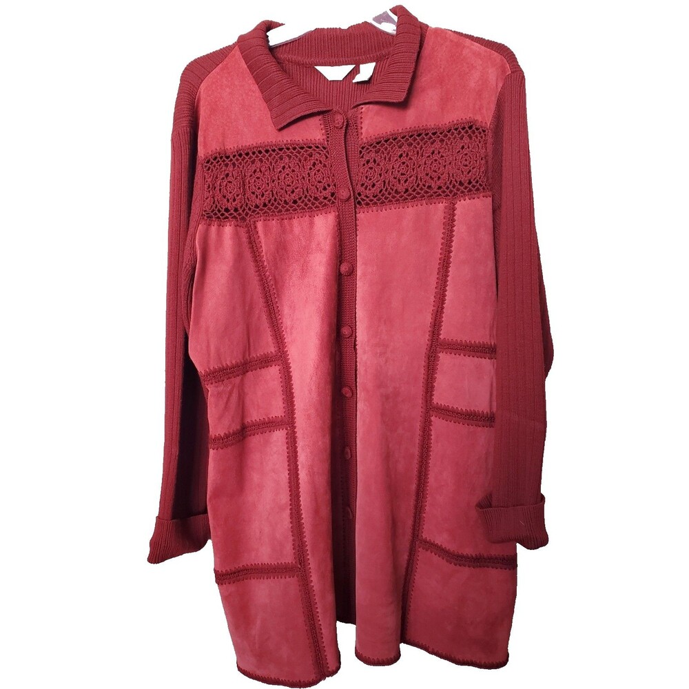 J Jill Red Suede Knit Patchwork Crochet Detail Button-Up Longline Jacket XLT